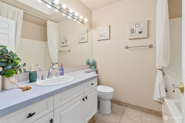 full bathroom with toilet, tile patterned flooring, shower / bath combo, and vanity