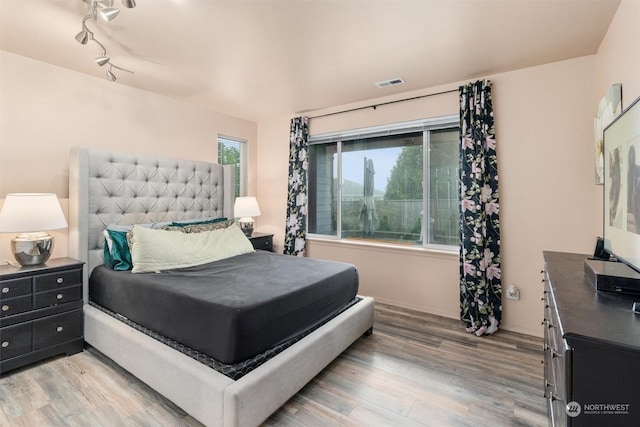 bedroom featuring multiple windows and light hardwood / wood-style flooring