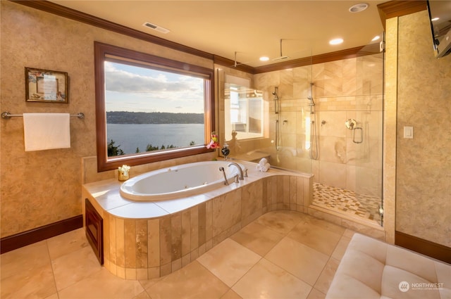 bathroom with shower with separate bathtub, a water view, and crown molding