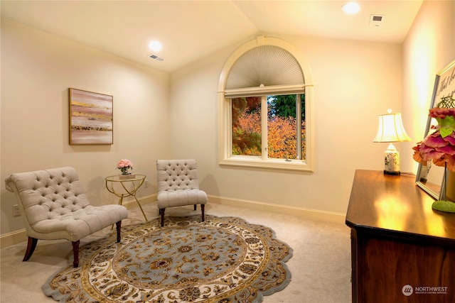 living area featuring carpet and vaulted ceiling