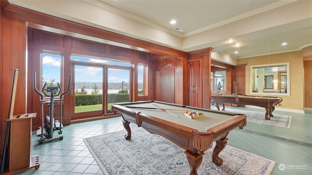 game room featuring light tile patterned floors, ornamental molding, and billiards