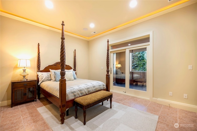 bedroom featuring access to outside, ornamental molding, and light tile patterned flooring