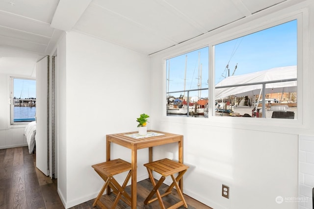 dining room featuring a water view, a healthy amount of sunlight, and dark hardwood / wood-style floors