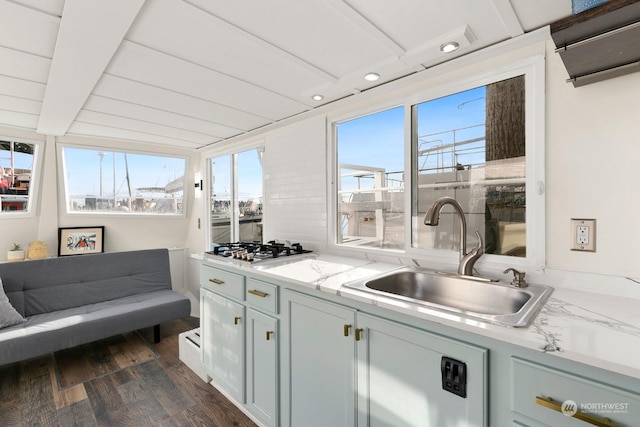 kitchen with sink, dark hardwood / wood-style flooring, stainless steel gas stovetop, and a wealth of natural light