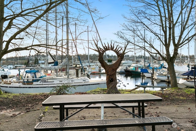 surrounding community with a boat dock and a water view