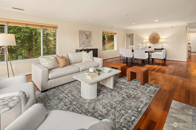 living room with dark hardwood / wood-style floors and ornamental molding