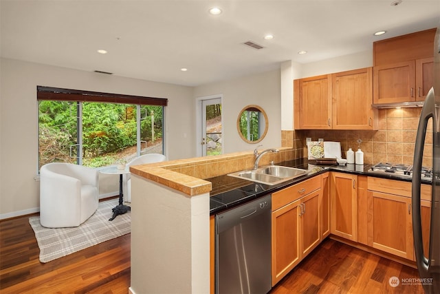 kitchen featuring kitchen peninsula, appliances with stainless steel finishes, dark wood-type flooring, and sink