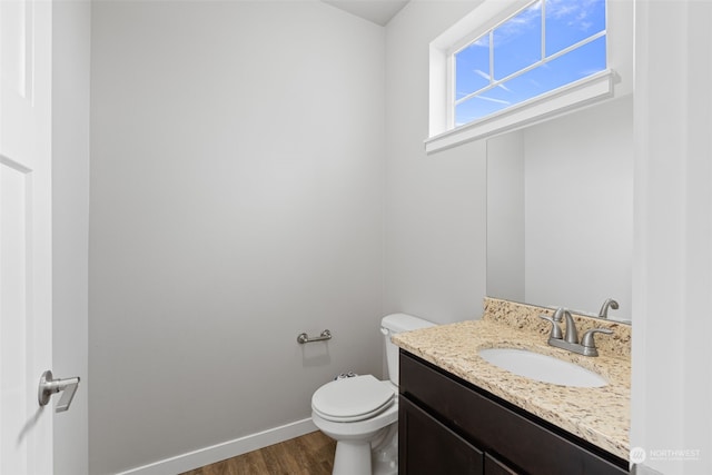 bathroom with vanity, wood-type flooring, and toilet