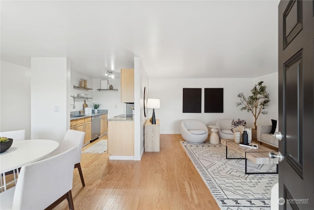 living room featuring light wood-type flooring and sink