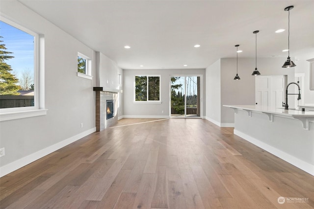 unfurnished living room with light hardwood / wood-style floors and sink