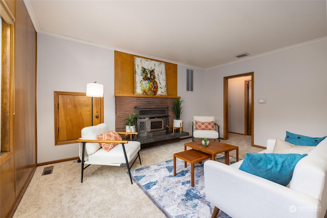 carpeted living room featuring a wood stove and crown molding