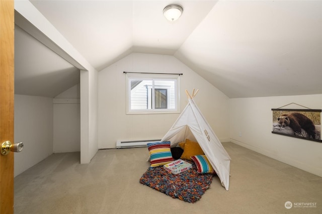 game room featuring light colored carpet, lofted ceiling, and a baseboard heating unit