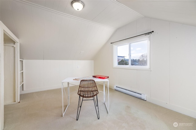 bonus room featuring light carpet, a baseboard radiator, and vaulted ceiling