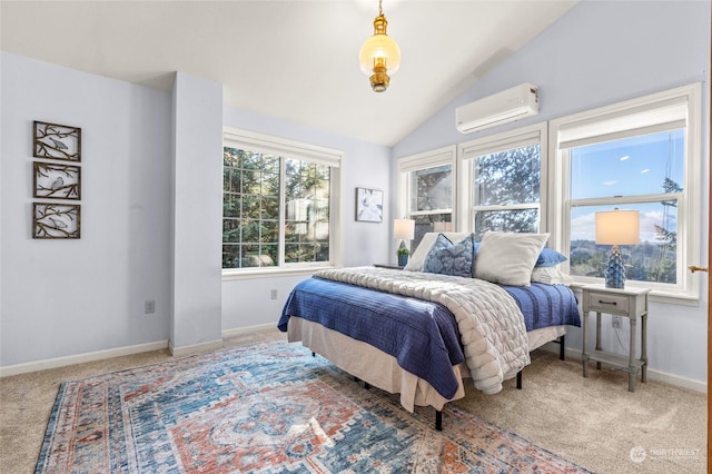 bedroom with vaulted ceiling, carpet, and a wall mounted air conditioner