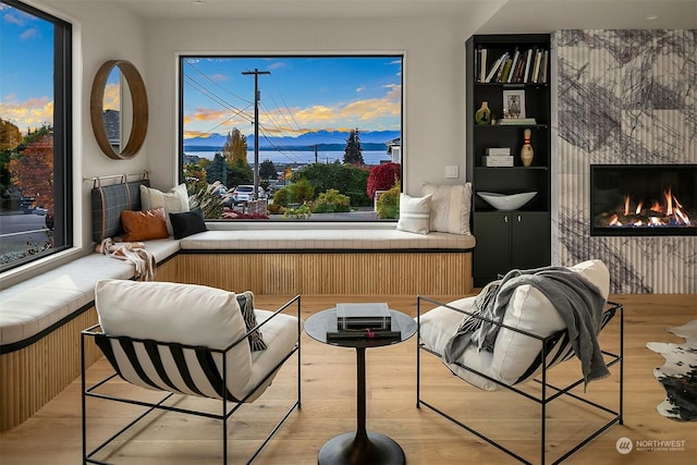 living area with a large fireplace and light wood-type flooring