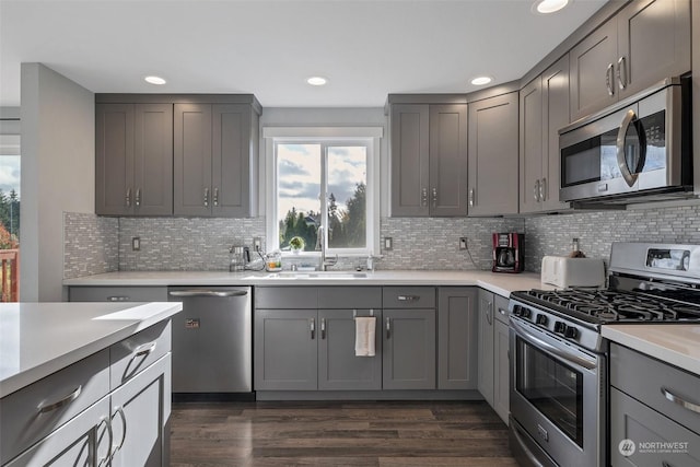 kitchen with backsplash, gray cabinetry, sink, and stainless steel appliances