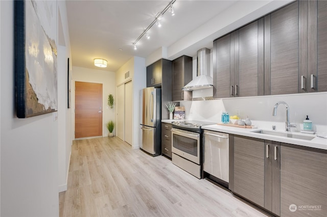 kitchen featuring light wood-type flooring, wall chimney range hood, sink, and stainless steel appliances