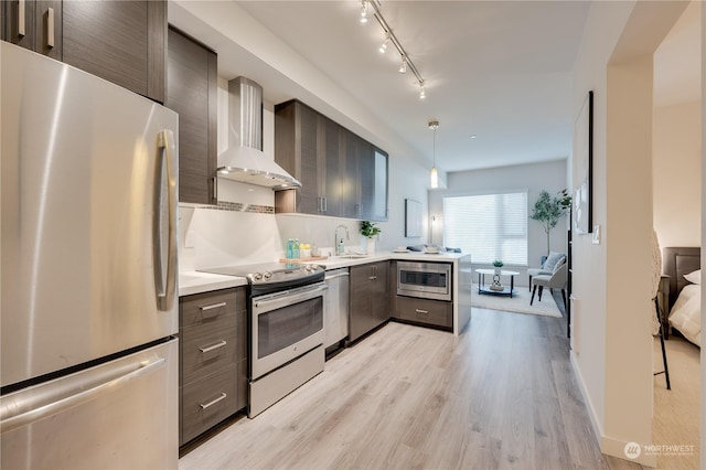 kitchen featuring pendant lighting, sink, light hardwood / wood-style flooring, wall chimney exhaust hood, and appliances with stainless steel finishes