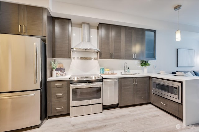 kitchen featuring sink, light hardwood / wood-style flooring, wall chimney exhaust hood, decorative light fixtures, and stainless steel appliances