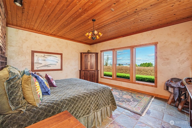 bedroom featuring an inviting chandelier and wooden ceiling