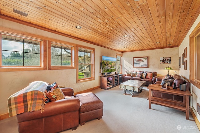 carpeted living room with ornamental molding, a healthy amount of sunlight, and wood ceiling