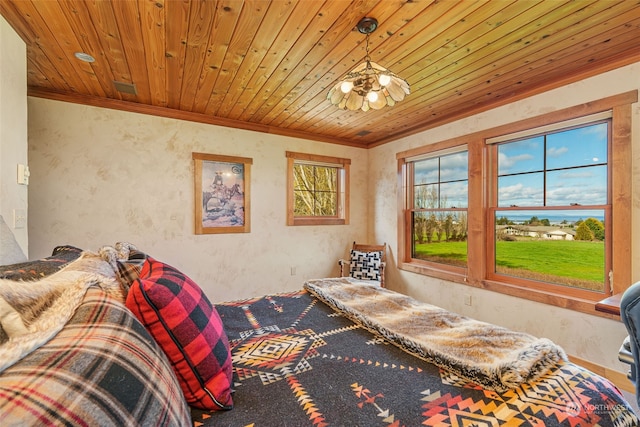 bedroom featuring ornamental molding and wooden ceiling