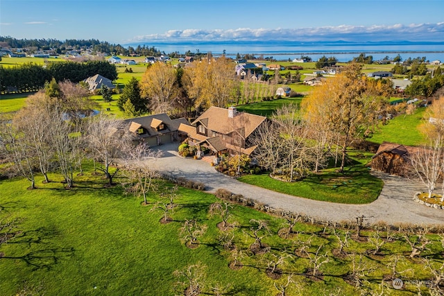 drone / aerial view featuring a water view