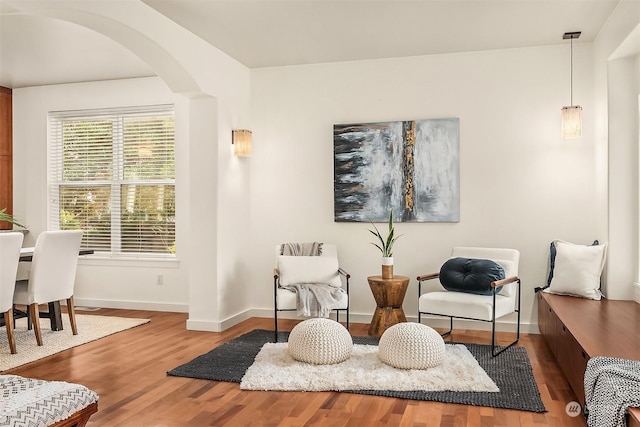 living area with hardwood / wood-style floors