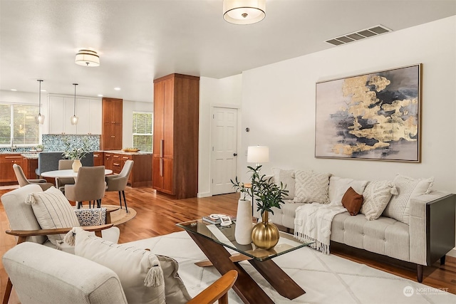 living room featuring a wealth of natural light, sink, and light hardwood / wood-style floors