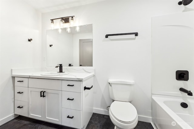 full bathroom with vanity, toilet, wood-type flooring, and shower / washtub combination