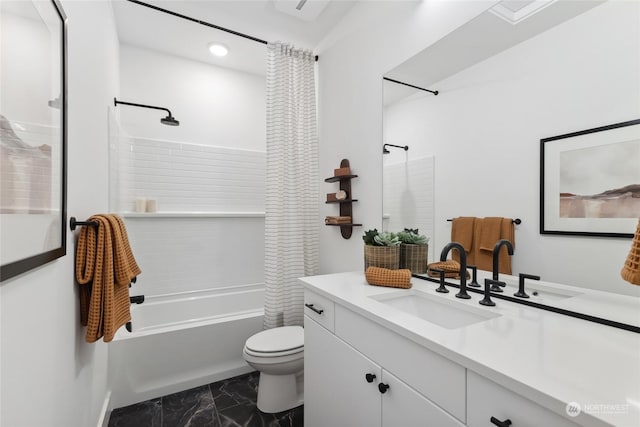 full bathroom featuring vanity, toilet, and shower / bathtub combination with curtain