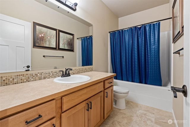 full bathroom with decorative backsplash, toilet, vanity, and shower / tub combo