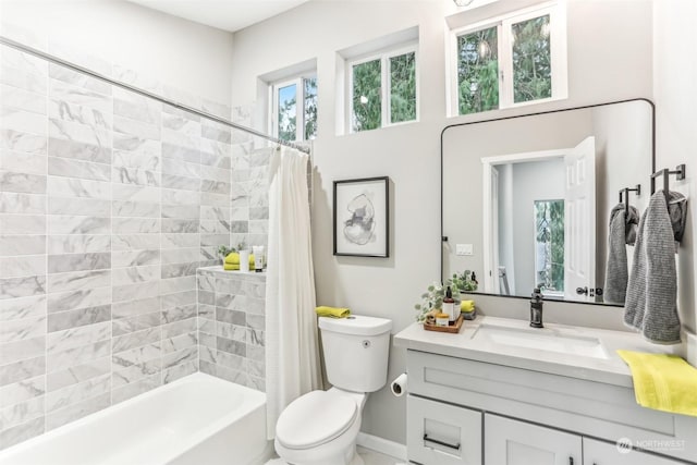 full bathroom with shower / bath combo, toilet, and vanity