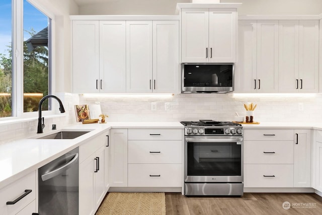 kitchen featuring decorative backsplash, sink, white cabinetry, and stainless steel appliances