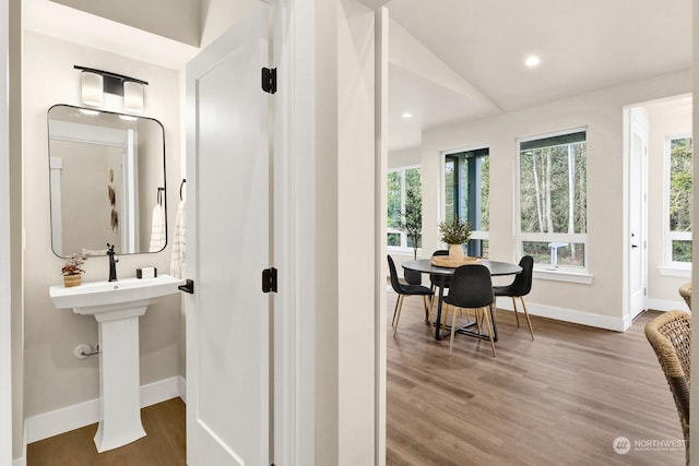 bathroom with hardwood / wood-style flooring and vaulted ceiling