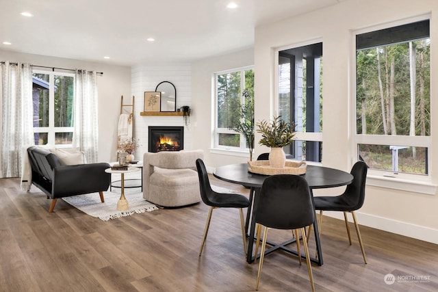 dining room featuring a wealth of natural light, a fireplace, and wood-type flooring