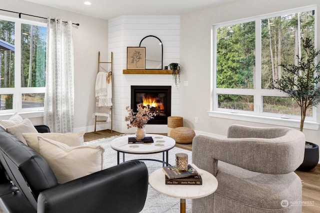 living room with a wealth of natural light, a large fireplace, and hardwood / wood-style floors