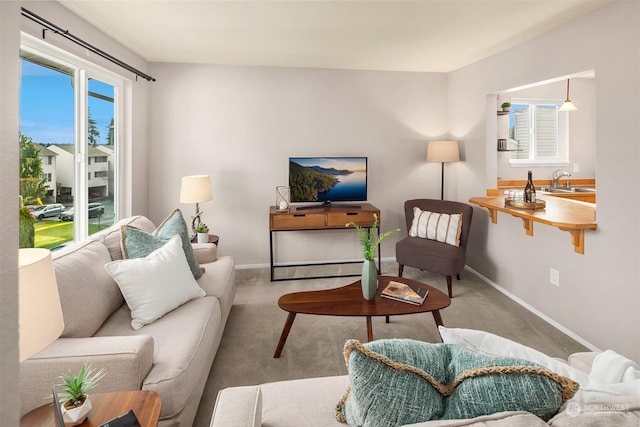 carpeted living room with sink