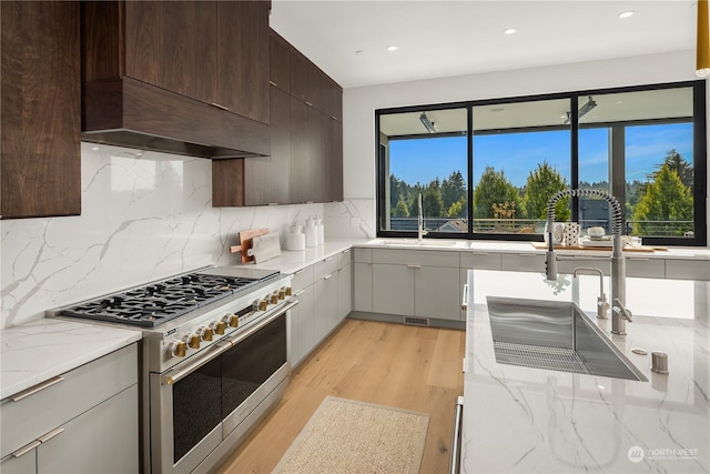 kitchen featuring high end range, decorative backsplash, light stone countertops, and sink