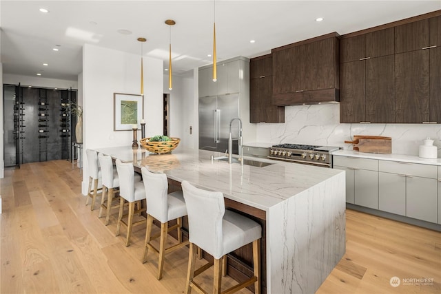 kitchen featuring light wood-type flooring, a kitchen island with sink, sink, pendant lighting, and high quality appliances