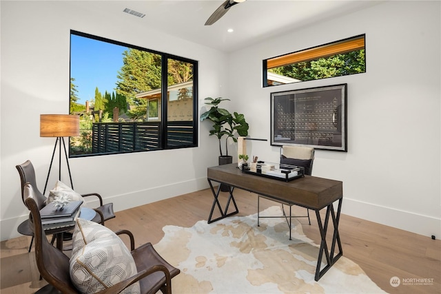 office area with a wealth of natural light, light hardwood / wood-style flooring, and ceiling fan