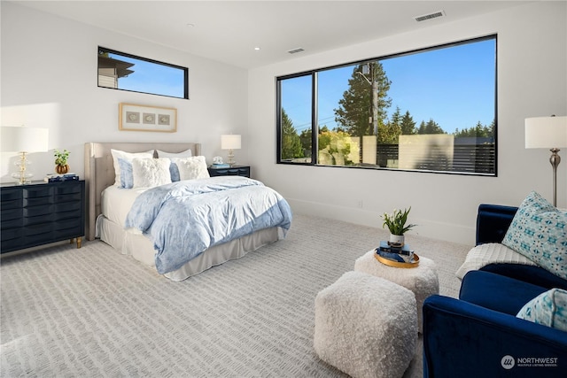 bedroom with light colored carpet