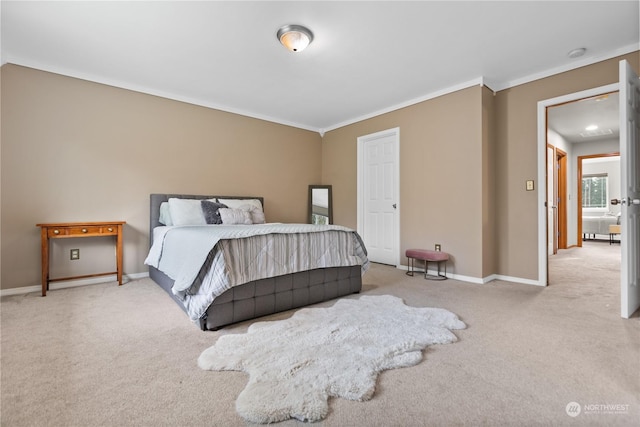 bedroom featuring light carpet and ornamental molding