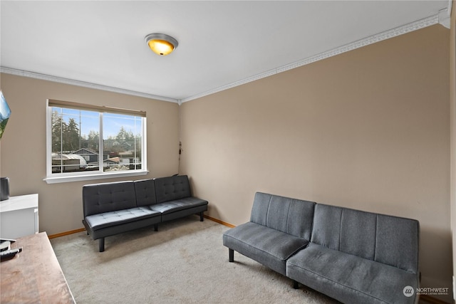 living room with light carpet and ornamental molding