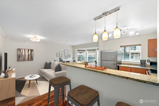 kitchen with dark wood-type flooring, a kitchen breakfast bar, decorative light fixtures, kitchen peninsula, and stainless steel appliances