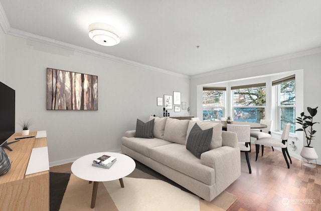 living room featuring hardwood / wood-style flooring and crown molding