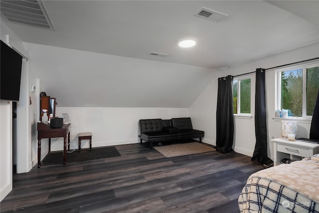 bedroom with lofted ceiling and dark wood-type flooring