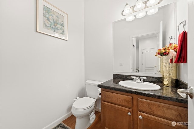 bathroom with vanity, hardwood / wood-style flooring, and toilet