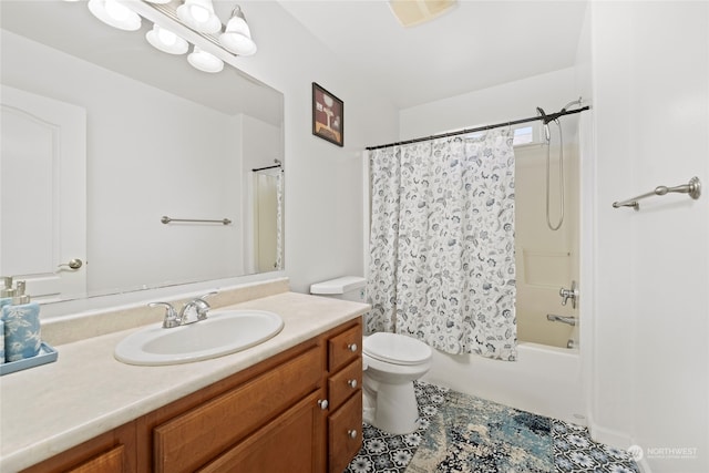 full bath featuring toilet, shower / bath combination with curtain, and vanity