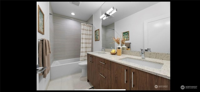 full bathroom with toilet, tile patterned flooring, vanity, and shower / bath combo